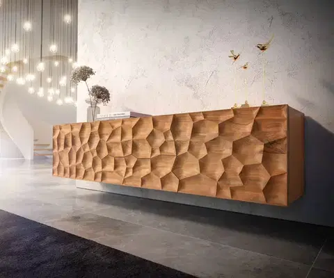 Televízne stolíky DELIFE TV stolík Solu 175 cm akácia prírodná 2 dvierka 2 zásuvky závesný 3D čelo