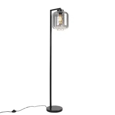 Stojace lampy Dizajnová stojaca lampa čierna s dymovým sklom - Qara Down