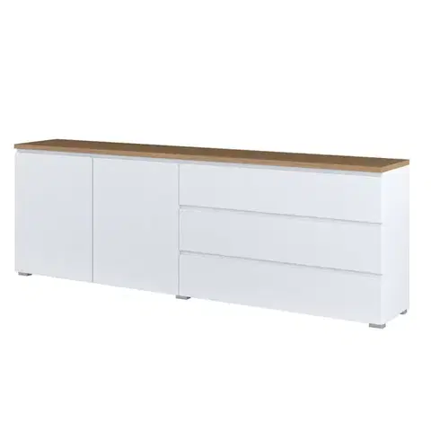 Komody so zásuvkami a dvierkami Komoda 2d3s Modo 28 200cm Dub Mauvella/Biely
