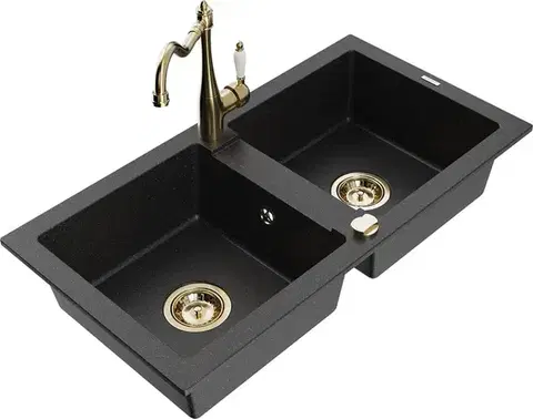 Kuchynské drezy MEXEN/S MEXEN/S - Mario granitový drez 2-bowl vrátane batérie Carla, čierna/strieborná metalík 6504-73-670700-50