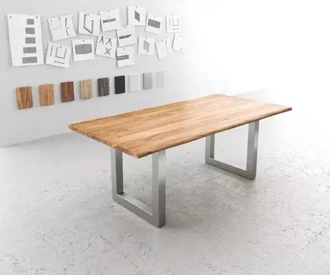 Jedálenské stoly DELIFE Jedálenský stôl Edge 200x100 akácia prírodná nerezová oceľ široký Live-Edge