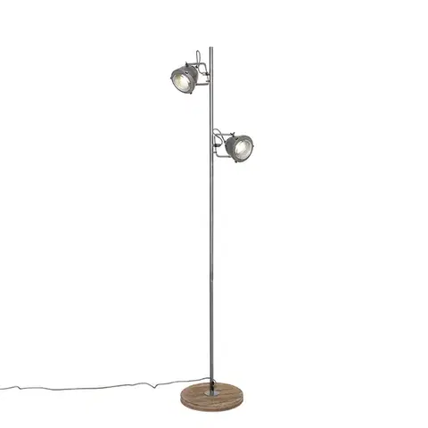 Stojace lampy Priemyselná stojaca lampa oceľ s drevom 2-svetlá - Emado