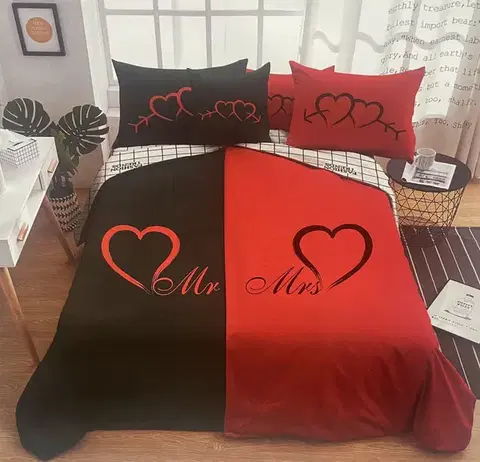 Obliečky 6 dielne Obliečky polycotton Mr&Mrs red 200x140cm+90x70cm TiaHome
