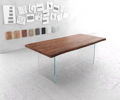 Jedálenské stoly DELIFE Jedálenský stôl Edge 200x100 cm XL akácia hnedá sklo Live-Edge