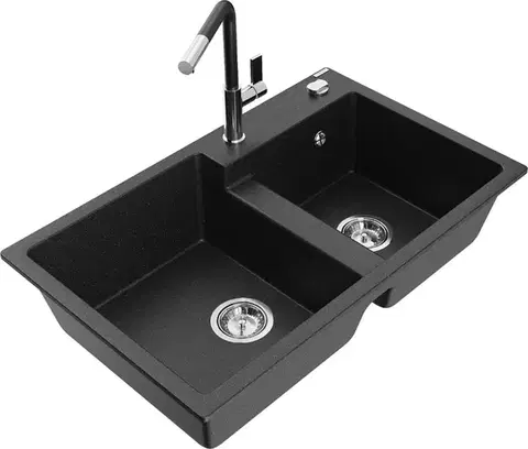 Kuchynské drezy MEXEN/S MEXEN/S - Tomas granitový drez 2-bowl vrátane batérie Flora, čierna/srebrny metalik 6516-73-670401-07
