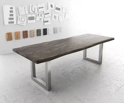 Jedálenské stoly DELIFE Jedálenský stôl Edge 260×100 XL akácia platinová nerezová oceľ široký Live-Edge
