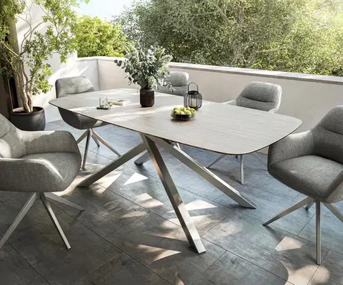 Záhradné stoly DELIFE Záhradný jedálenský stôl Edge zaoblený 200x100 cm keramika Laminam® Travertino Bianco krémovo biela krížová podstava obdĺžnik nerezová oceľ