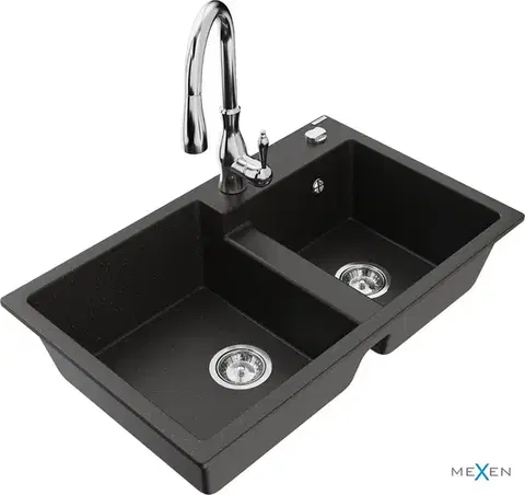 Kuchynské drezy MEXEN/S MEXEN/S - Tomas granitový drez 2-bowl vrátane batérie Savita, čierna/zlatá metalik 6516-75-672601-00