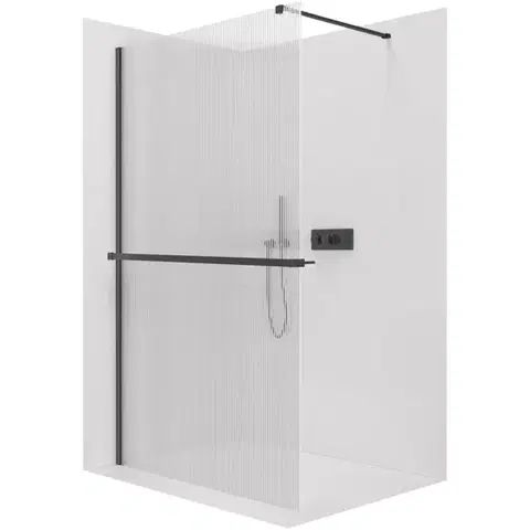 Držadlá k vani CERANO - Sprchová zástěna Walk-in Onyx Cube L/P - 8 mm + polička/držák na ručníky - hranatá vzpěra - černá matná, rýhované sklo - 60x200  CER-8050BD624