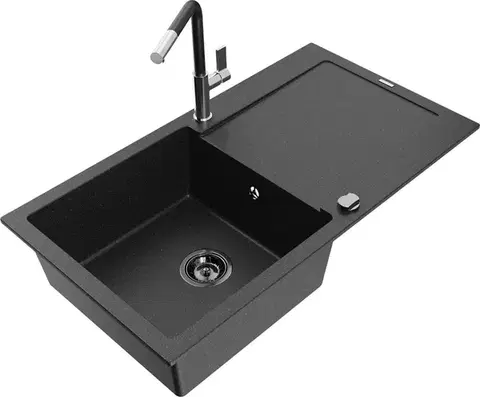Kuchynské drezy MEXEN/S MEXEN/S - Leo granitový drez 1 s odkvapkávačom vrátane batérie Flora, čierna/strieborná metalík 6501-73-670401-07-B