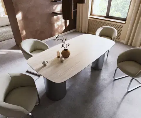 Jedálenské stoly DELIFE Jedálenský stôl Edge zaoblený tvar 200x100 keramika Laminam® Travertino Bianco bielo-krémová Troa nerezová oceľ kefovaná