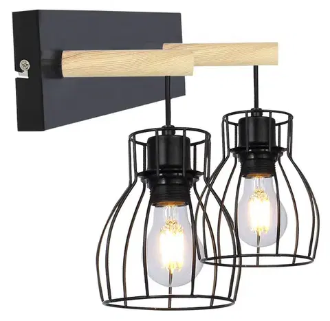 Nástenné svetlá Nástenná lampa s dvojitým tienidlom, košík, čierna/drevo, E27 Bernita