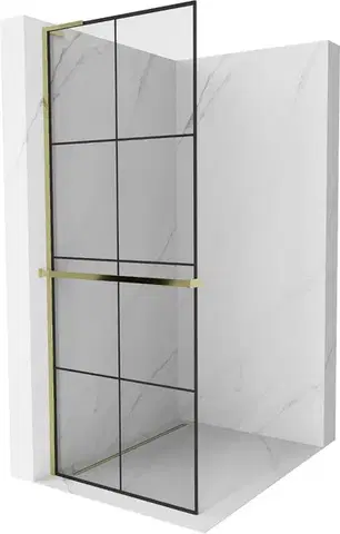 Sprchové dvere MEXEN/S - Kioto+ L Sprchová zástena WALK-IN s poličkou a držiakom uterákov 80 x 200, čierny vzor, zlatá 800-080-123-50-77
