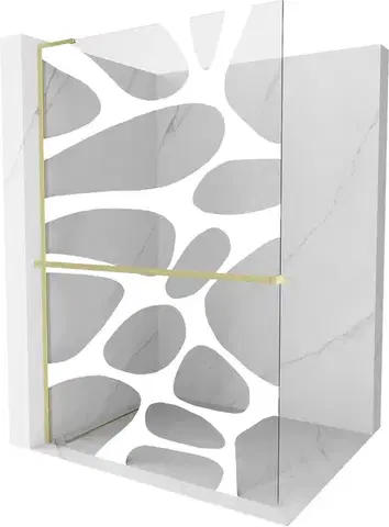 Sprchové dvere MEXEN/S - Kioto+ L Sprchová zástena WALK-IN s poličkou a držiakom uterákov 70 x 200, biely vzor, zlato kartáčovaná 800-070-123-55-97