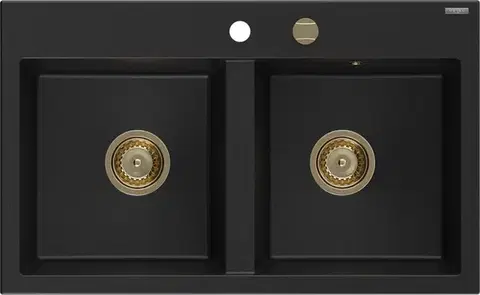 Kuchynské drezy MEXEN/S MEXEN/S - Hektor granitový drez 2-bowl 800 x 480 mm, čierna, zlatý sifón 6521802000-77-G