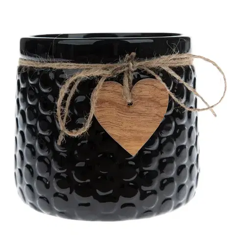 Kvetináče a truhlíky Keramický obal na kvetináč Wood heart čierna, 12,5 x 14 cm