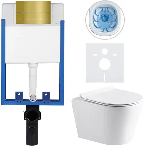 Záchody CERANO - Kompletný WC set Profi/Carlito - biela lesklá - WC tlačidlo Line/Zlatá - na zamurovanie - 48,5x36,5 CER-8050BD84312
