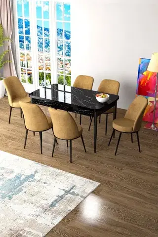 Jedálenské sety Extendable Dining Table & Chairs Set (7 Pieces) Zen - Black Marble, Cappuccino