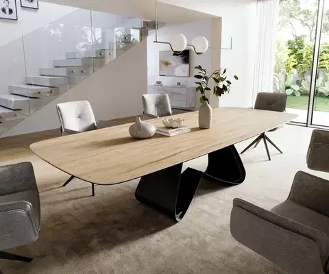 Jedálenské stoly DELIFE Jedálenský stôl Edge zaoblený tvar 300×120 cm keramika Laminam® sabbia v dubovej farbe podstava v tvare W kov čierna