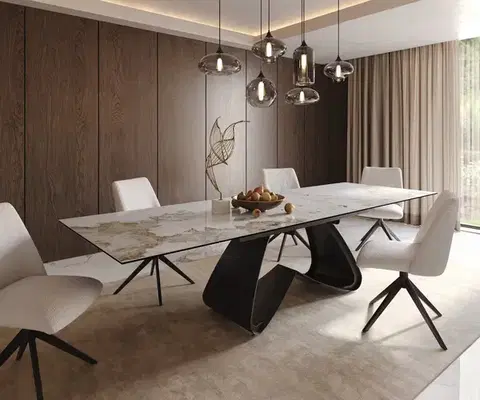 Jedálenské stoly DELIFE Jedálenský stôl Edge 200-300x100 keramika Minas melange bielo-béžová podstava v tvare W čierna rozkladací