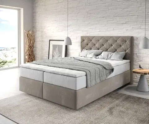 Postele Boxspring DELIFE Boxspring posteľ Dream-Great 140x200 cm mikrovlákno béžová s vreckovou pružinovou matracou a visco topperom