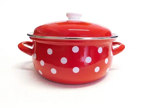 Hrnce BELIS - Hrniec a pokrievky smalt 18cm 2,8L, červený biele bodky