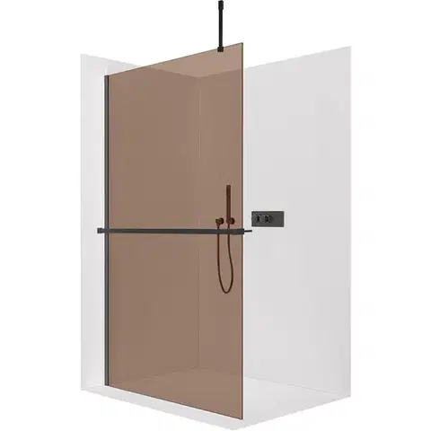 Sprchové dvere CERANO - Sprchová zástena Walk-in Onyx Top Cube Ľ/P - 8 mm - hranatá vzpera + polička/držiak na uteráky - čierna matná, bronzové sklo - 90x200 CER-690193