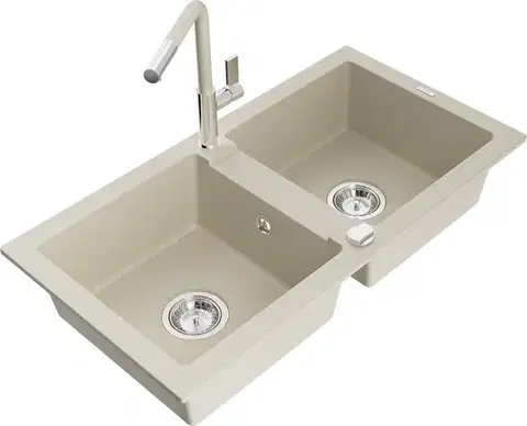 Kuchynské drezy MEXEN/S MEXEN/S - Mario granitový drez 2-bowl vrátane batérie Flora, béžová 6504-69-670401-09
