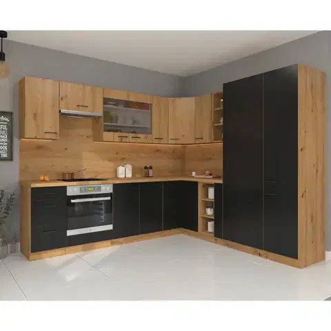 Modulový kuchynský nábytok Rohová kuchynská linka Modena Čierna/Artisan 270x235 Cm