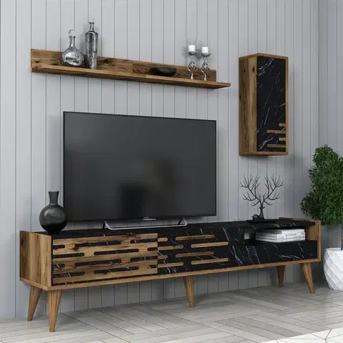 Obývacie steny TV skrinka / Obývacia stena Valensiya - Walnut, Black, Marble
