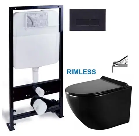 Závesné wc sety PRIM predstenový inštalačný systém s čiernym tlačidlom 20/0044 + WC MEXEN LENA ČERNÁ Rimless + SEDADLO PRIM_20/0026 44 ME01