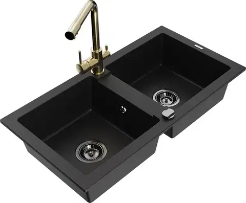 Kuchynské drezy MEXEN/S MEXEN/S - Mario granitový drez 2-bowl vrátane batérie Duero, čierna 6504-77-671600-50-B