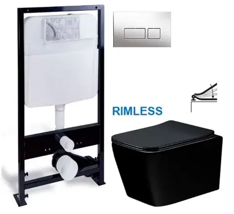Záchody PRIM předstěnový instalační systém s chromovým tlačítkem 20/0041 + WC MEXEN TEO ČERNÁ Rimless + SEDADLO PRIM_20/0026 41 ME02