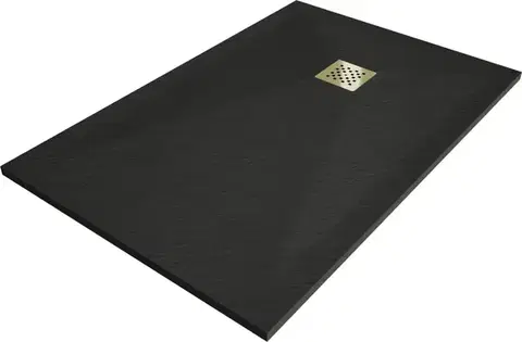 Vane MEXEN/S - Stone+ obdĺžniková sprchová vanička 140 x 100, čierna, mriežka zlatá 44701014-G