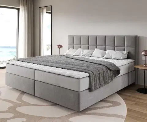 Postele Boxspring DELIFE Boxspring posteľ Dream-Fine mikrovlákno sivá 200x200 cm s vreckovou pružinovou matracou a topperom Visco