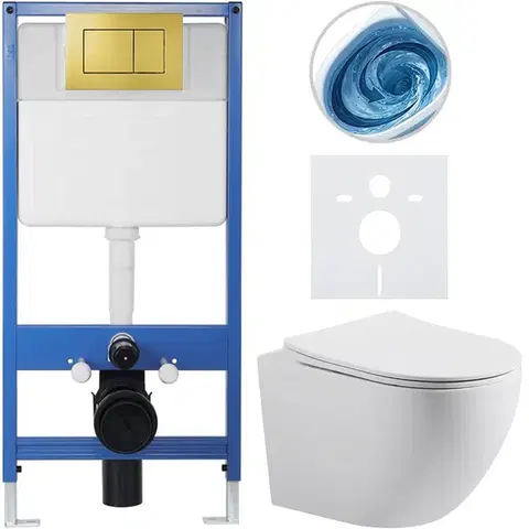 Záchody CERANO - Kompletný podomietkový WC set Lite/Cesso - biela matná - WC tlačidlo Classic, zlatá - predstenová inštalácia / sadrokartón - 49x36 CER-252165