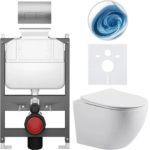 Záchody CERANO - Kompletný WC set Basic/Cesso - biela lesklá - WC tlačidlo Modulo/Strieborná - ovládanie zhora - predstenová inštalácia - 49x36 CER-8050BD86010
