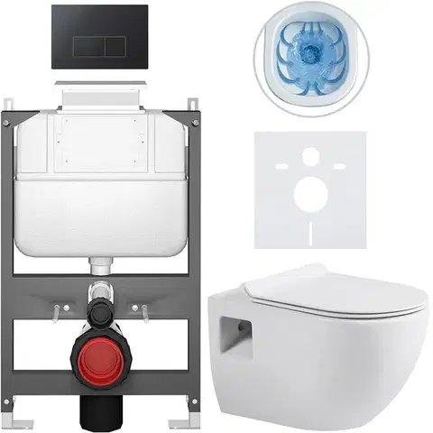 Záchody CERANO - Kompletný WC set Basic/Dure - biela lesklá - WC tlačidlo Modulo/Čierna - ovládanie zhora - predstenová inštalácia - 51x35 CER-8050BD85885