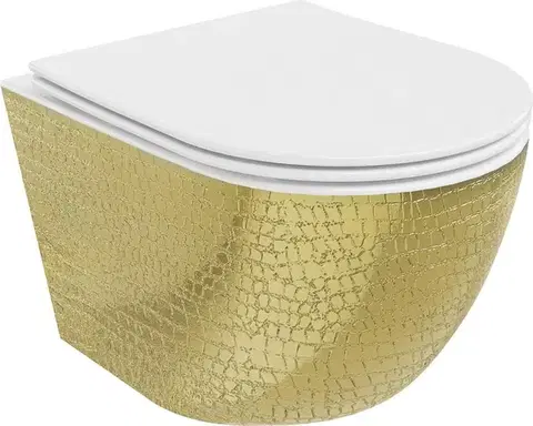 Záchody MEXEN - Lena Závesná WC misa vrátane sedátka s slow-slim, duroplast, biela/zlatá so vzorom 30224008