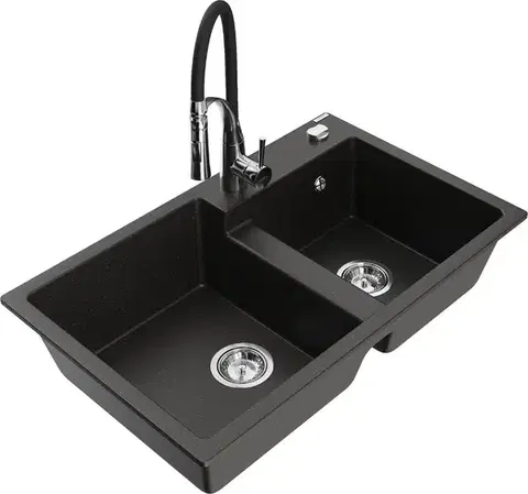 Kuchynské drezy MEXEN/S MEXEN/S - Tomas granitový drez 2-bowl vrátane batérie Aster, čierna/zlatá metalik 6516-75-73450-07