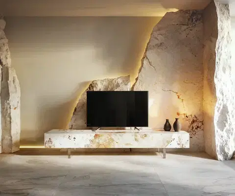 Televízne stolíky DELIFE TV stolík Cuor 200 cm keramika Minas Melange bielo-béžová 1 výklopné dvierka 1 zásuvka podstava závesná akrylové sklo