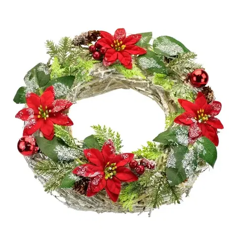Vianočné dekorácie Vianočný ozdobený veniec Poinsettia a prútie, 30 cm
