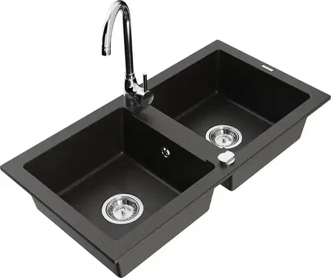 Kuchynské drezy MEXEN/S MEXEN/S - Mario granitový drez 2-bowl vrátane batérie Telma, čierna/zlatá 6504-75-670200-00