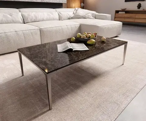 Konferenčné stolíky DELIFE Konferenčný stolík Levente 110x60 cm keramika Laminam® Emperador Extra Lucidato tmavohnedá podstava nerezová oceľ strieborná