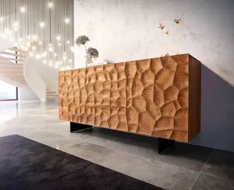 Komody DELIFE Komoda Solu 175 cm akácia prírodná 2 dvierka 3 zásuvky závesná kov čierna 3D čelá