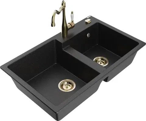 Kuchynské drezy MEXEN/S MEXEN/S - Tomas granitový drez 2-bowl vrátane batérie Carla, čierna/strieborná metalík 6516-73-670700-50