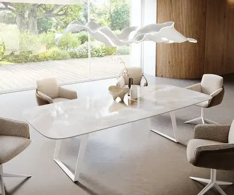Jedálenské stoly DELIFE Jedálenský stôl Edge zaoblený 270×120 cm keramika Iris FMG Onice Grigio kov šikmý biela