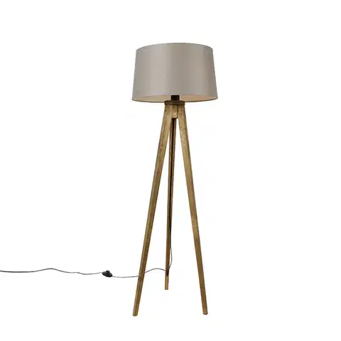Stojace lampy Rustikálny trojnohý stojaca lampa vintage drevo s ľanovým tienidlom taupe 45 cm - Tripod Classic
