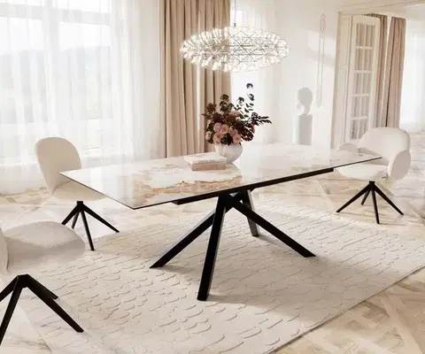 Jedálenské stoly DELIFE Jedálenský stôl Edge 180-220x100 keramika Minas melange bielo-béžová krížová podstava hranatý čierny rozkladací