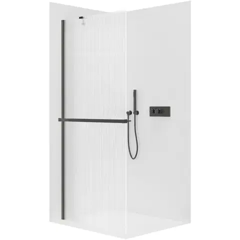 Držadlá k vani CERANO - Sprchová zástěna Walk-in Onyx Y L/P - 8 mm + polička/držák na ručníky - černá matná, rýhované sklo - 60x200  CER-8050BD1220